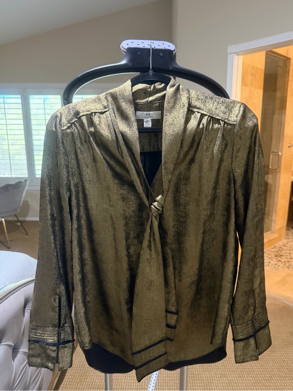 Halston Heritage Metallic Olive Tie-Neck Blouse - Women Tops